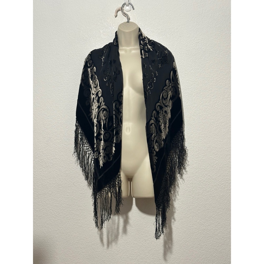 100% Silk Black Velvet Burnout Fringe Shawl Wrap